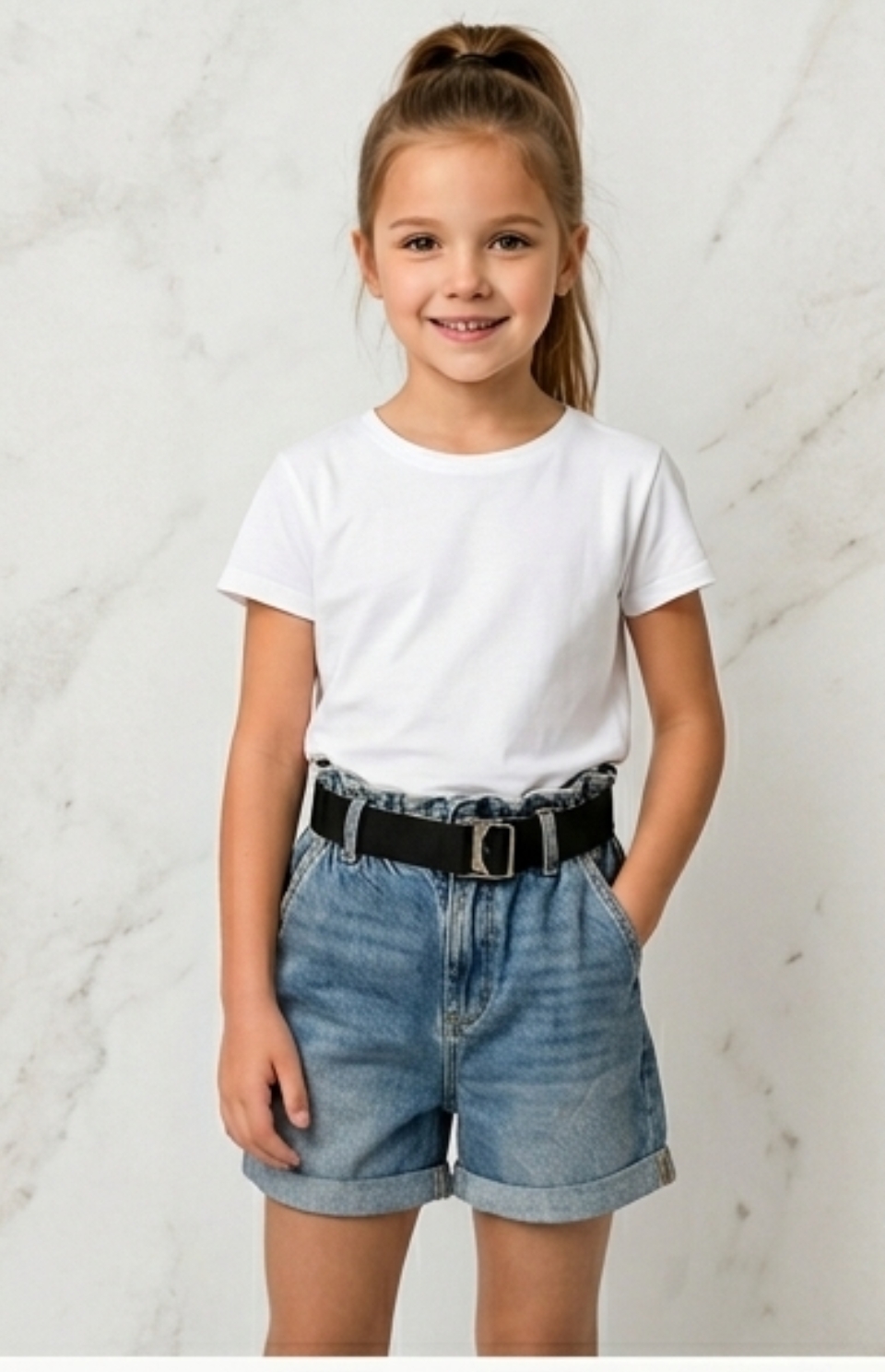 Girls' Paperbag Waist Denim Shorts – Pacific Blue