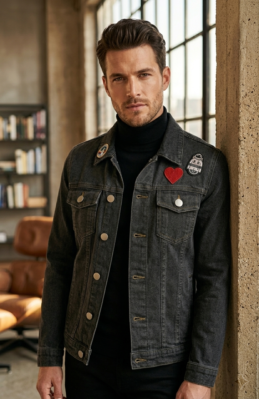 Urban Artisan Patched Denim Jacket – Washed Obsidian