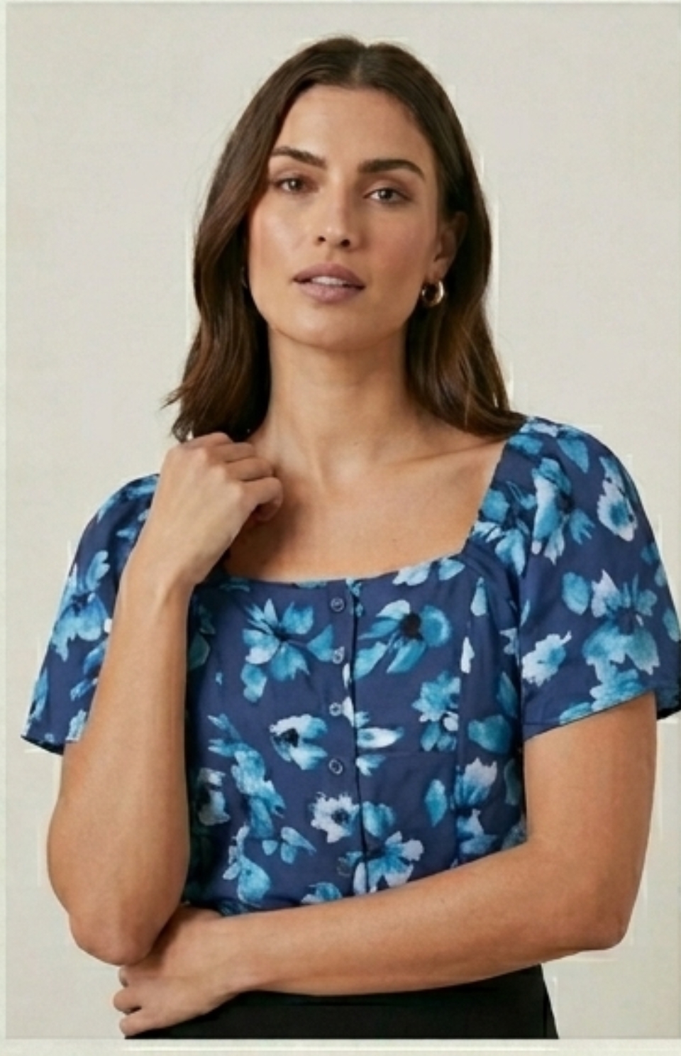 Ladies' Blue Floral Square Neck Button-Down Blouse