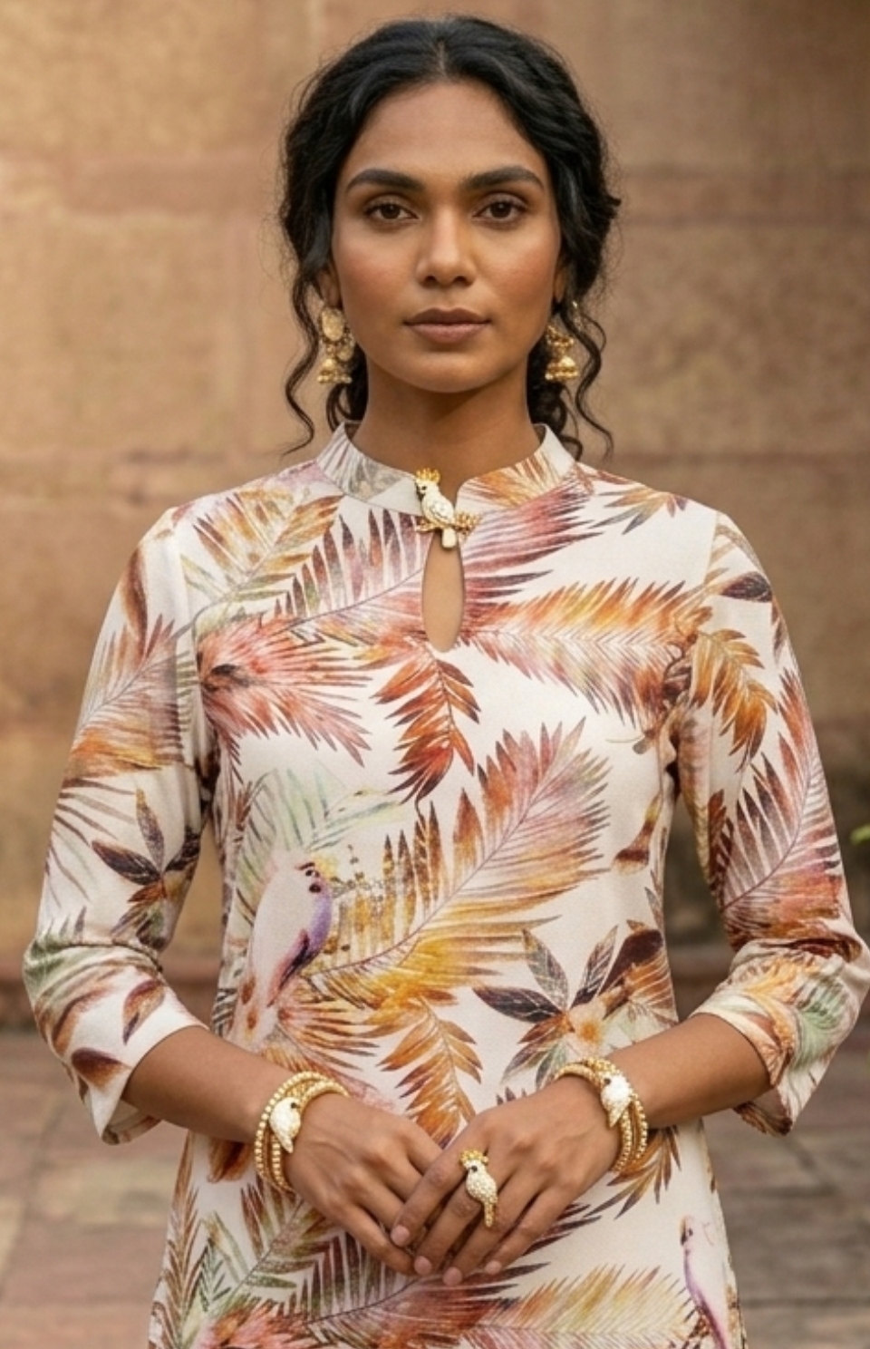 Ladies' Tropical Palm & Cockatoo Mandarin Collar Tunic