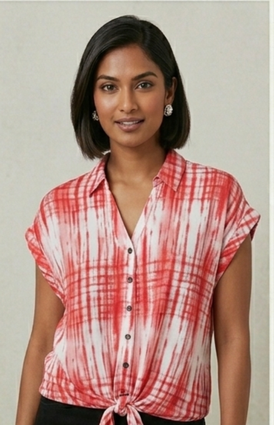 Ladies' Cap Sleeve Red Blurred Plaid Tie-Front Blouse